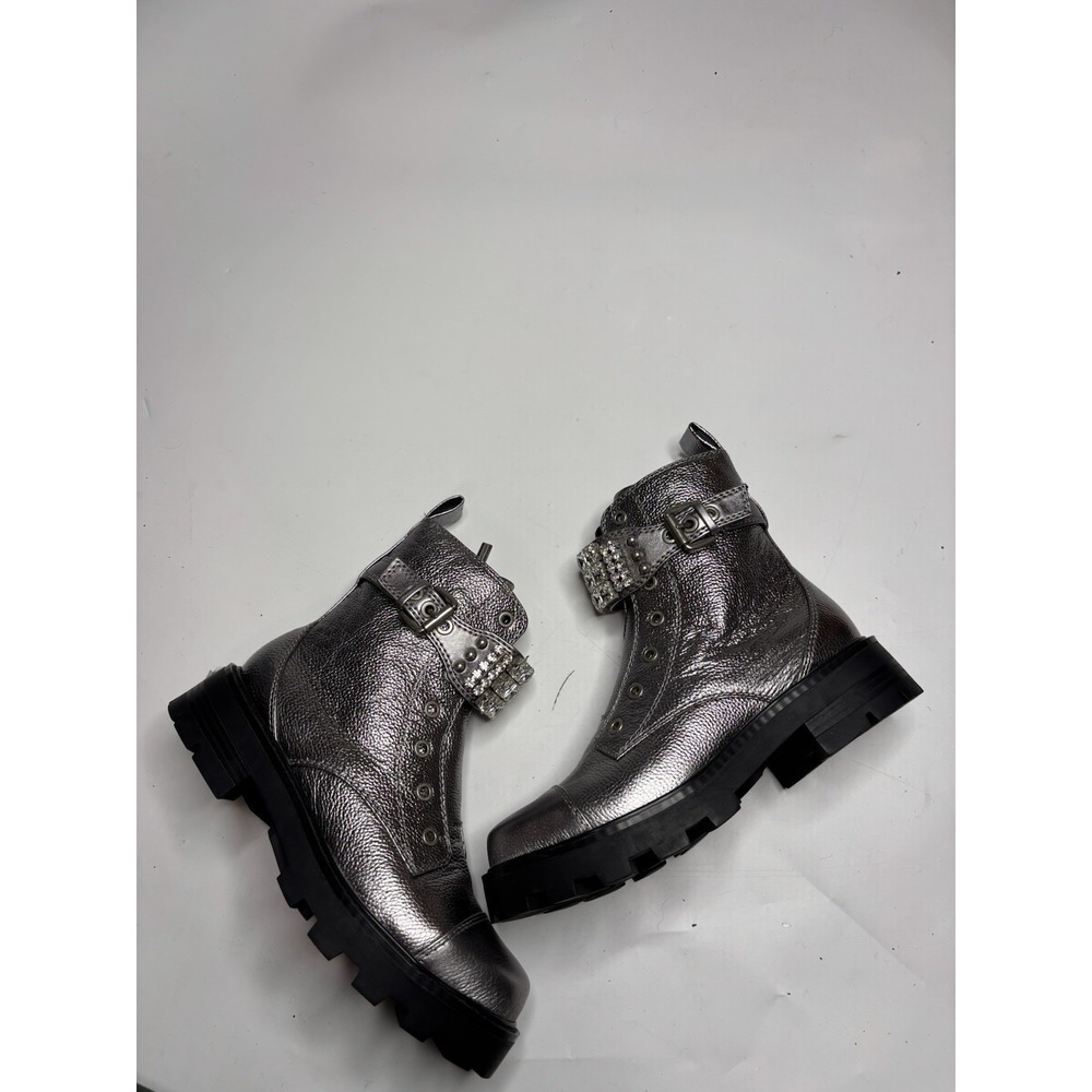 Karl Lagerfeld Paris Maeva Women's 7M‎ Zipper Lug Sole Boot Grunge Silver